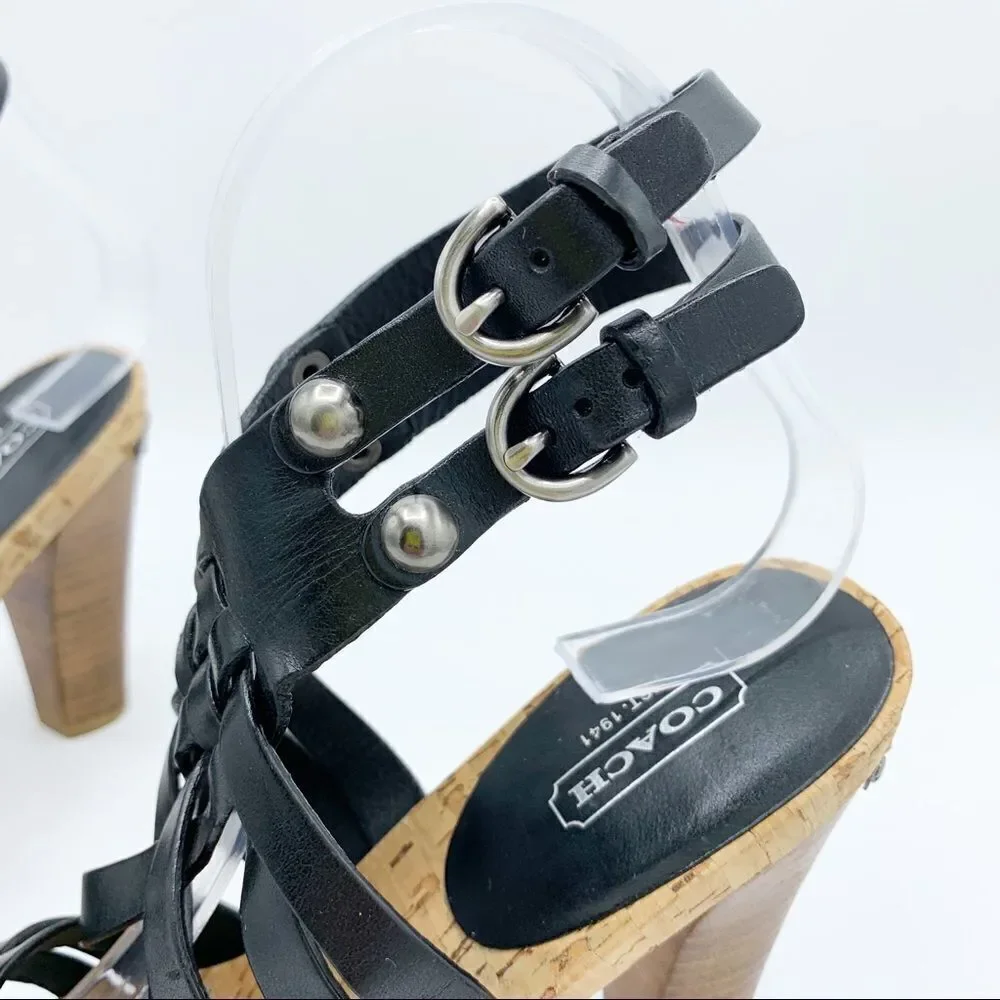 Coach · Black Leather Strappy Adrienne Block‎ Heels · Sz 8.5
